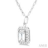 6x4 MM Octagonal Shape White Topaz and 1/6 Ctw Round Cut Diamond Halo Semi-Precious Pendant with Chain in 10K White Gold